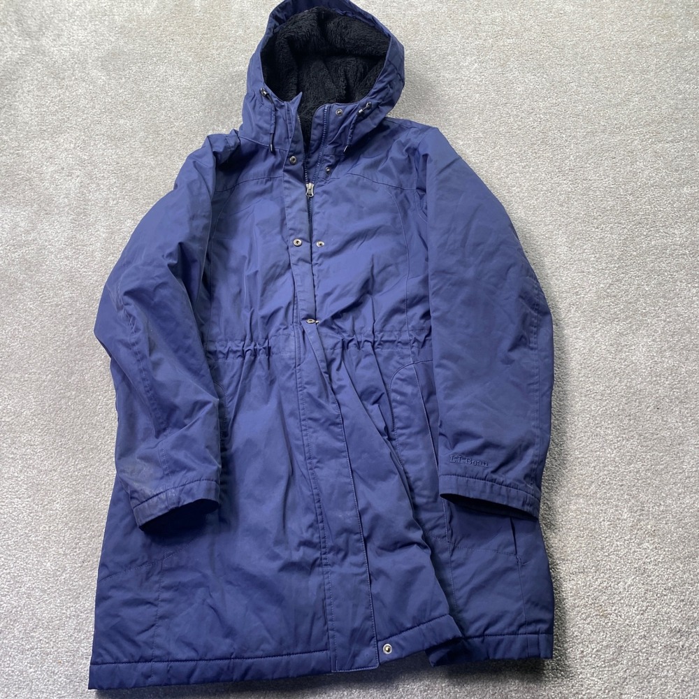 LL Bean Parka Jacket Women M Reg Navy Blue Sherpa Hood Drawstring Waist 271139